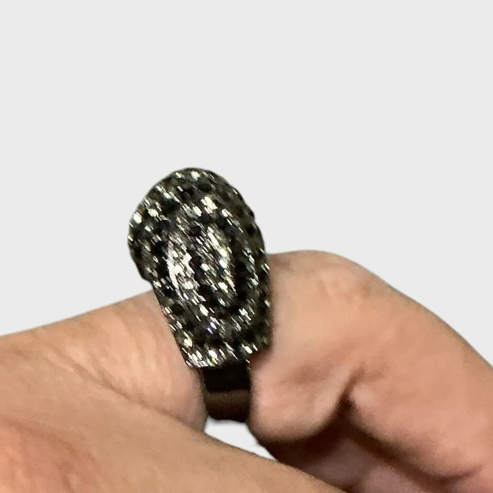 Vintage Adjustable Silver Black ring Rhinestone Raised